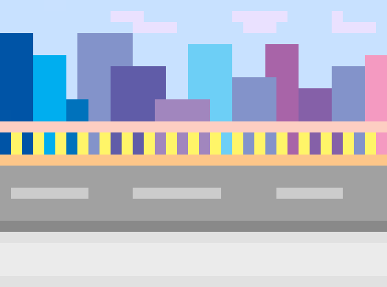 An animated GIF of a moving road with a city as background